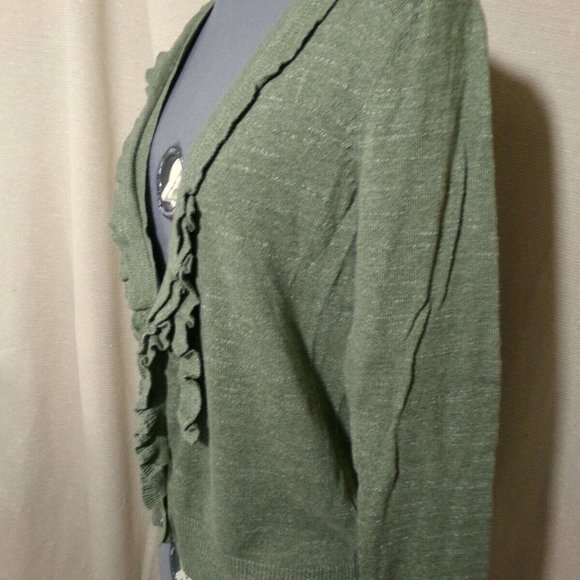 EDDIE BAUER Cardigan sweater S Olive Green Ruffled V-neck Tight-knit Long sleeve - Picture 6 of 9